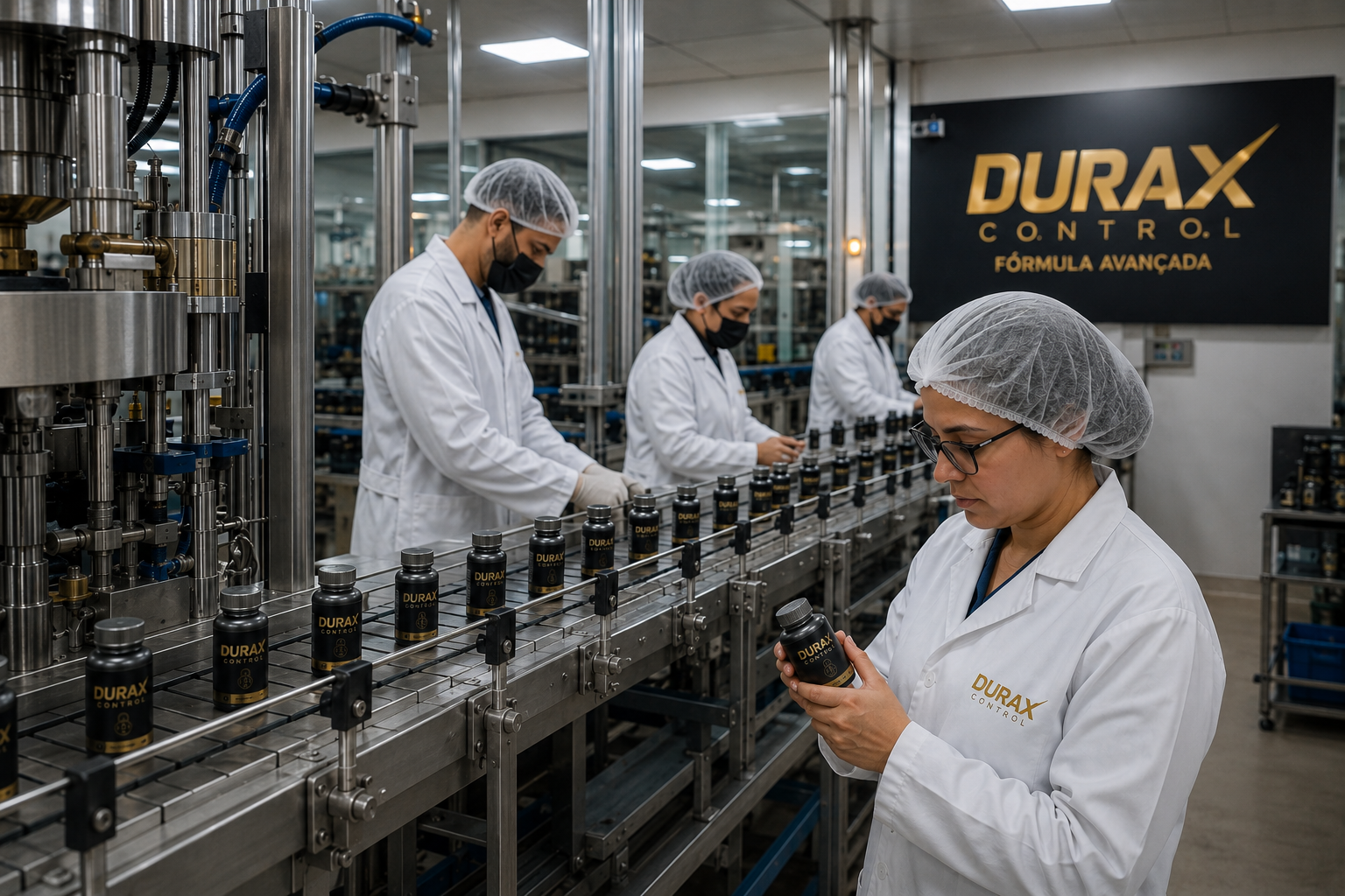 Fábrica Durax Control — linha de produção com equipe de controle de qualidade
